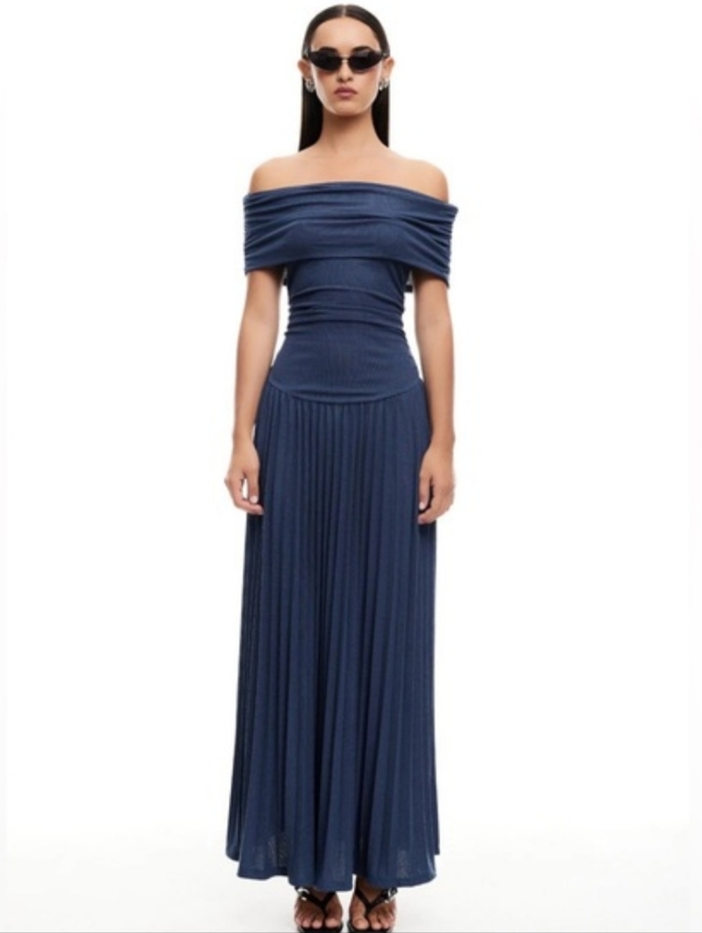 NWT LIONESS Field Of Dreams Maxi Dress in  Dark Blue Off Shoulder Medium M